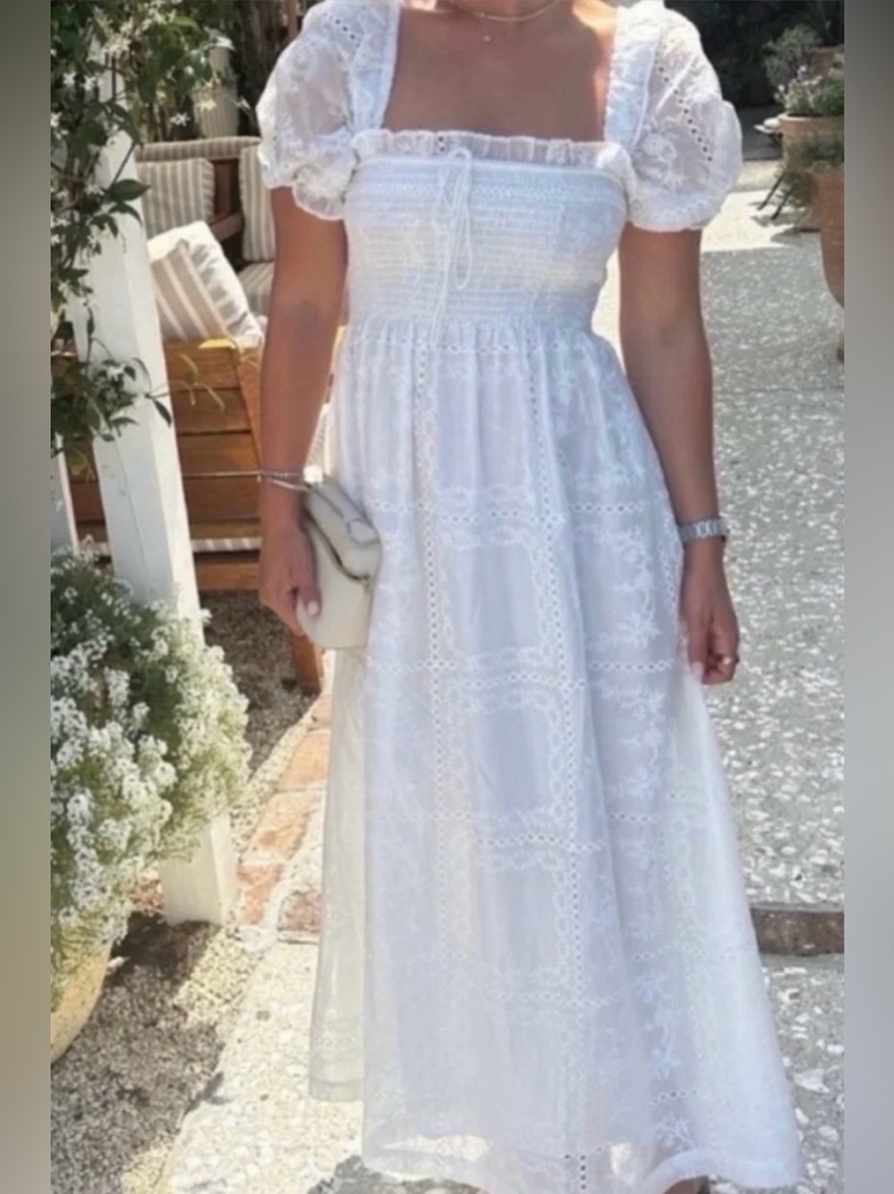 Caroline  Constas Smocked Square-Neck White Eyelet Maxi Dress